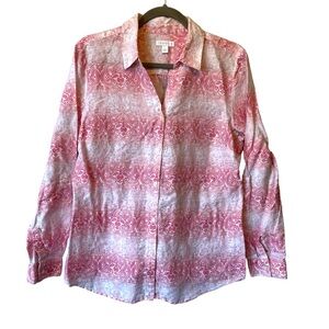 Charter Club 100% Linen button up blouse L Pink Womens top Long sleeve shirt
